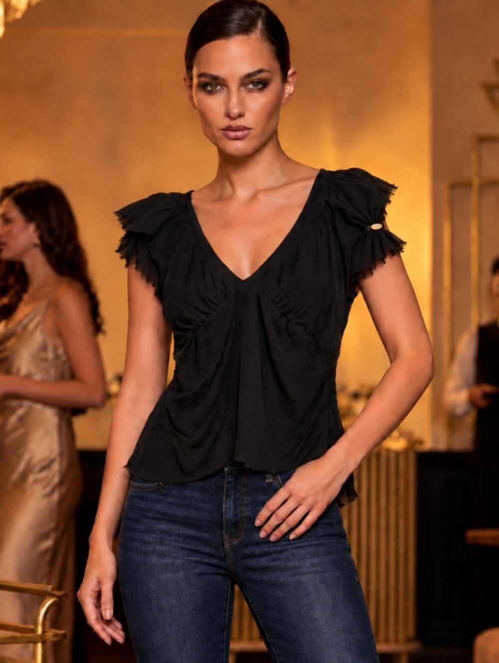 ROBERTO CAVALLI SILK RUFFLE SLEEVE TOP LOGO GOLD HARDWARE